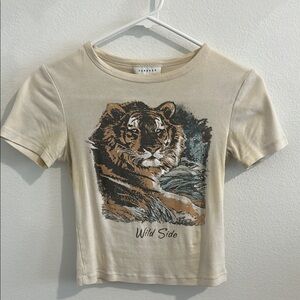 Topshop Tan and Black Crop Top with Retro Feline Art